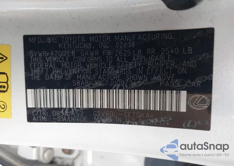 2018 Lexus Es 350 z USA, uszkodzony, nr VIN 58ABK1GG7JU097241